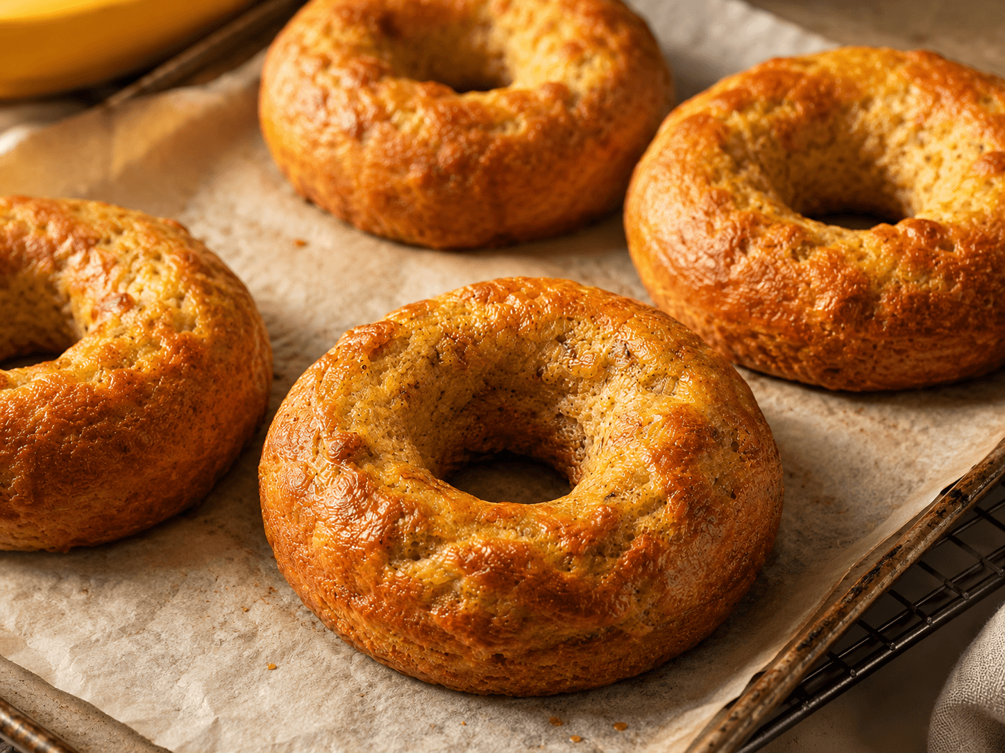Fresh Doughnanas cooling on a tray