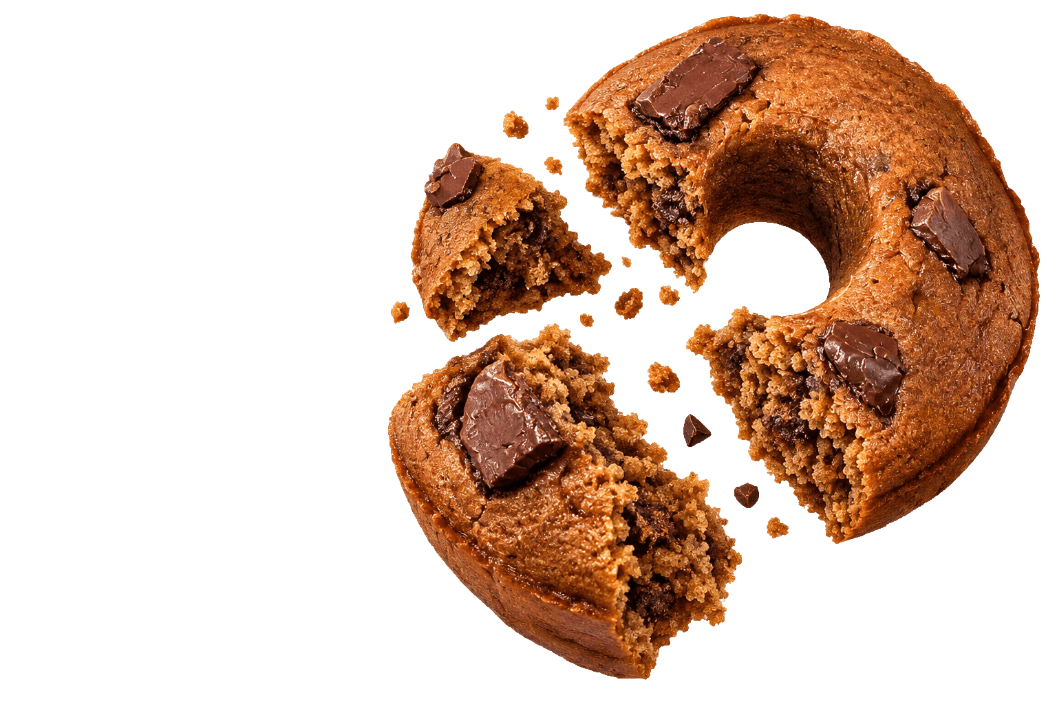 An Original Doughnana broken open to reveal banana-bread crumb and chocolate